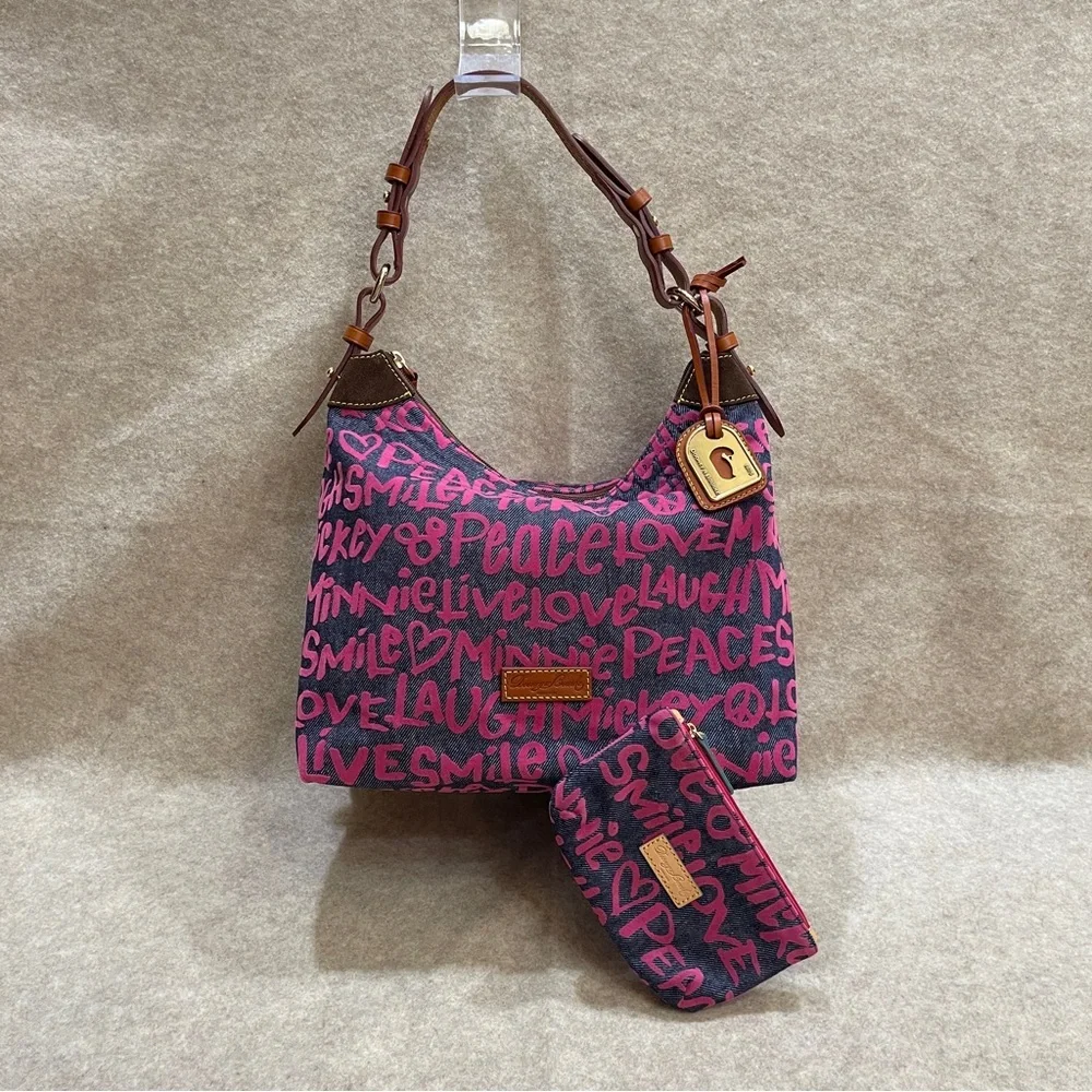 Dooney & Bourke Disney Parks Denim Pink Graffiti Hobo Shoulder Bag & Zip Pouch